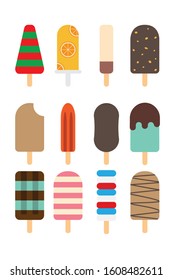 Summer colorful popsicles ice cream stick with milk, chocolate, mint and frozen fruit juice flavour flat vector design icon symbol collection.