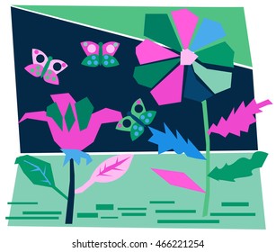 Summer colorful postcard with paper cut night garden, moths, flowers flowers in purple, navy blue, green color isolated on white for poster, card, invitation, brochure. Vector illustration.