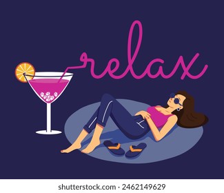 Summer colorful postcard with pretty woman lies near a glass of pink cocktail with inscription Relax. Summer vibe. Vector poster with cartoon characters in flat style.