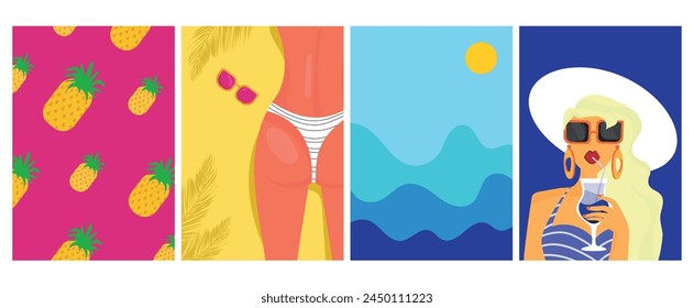 Summer Colorful poster, cover, card set with cute girls on the beach, with cocktails, fruit pattern. Flat vector 