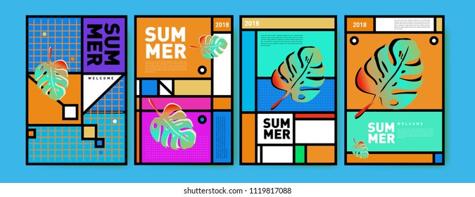 Summer colorful poster design template. Set of summer sale background and illustration. Minimalist design style for summer event poster and banner in eps10.
