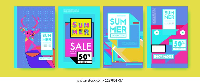 Summer colorful poster design template. Set of summer sale background and illustration. Minimalist design style for summer event poster and banner in eps10. 