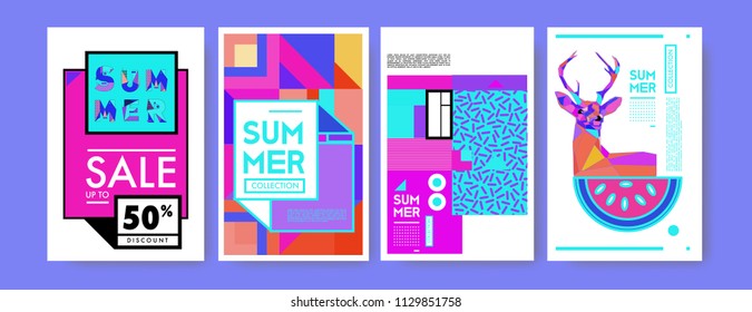 Summer colorful poster design template. Set of summer sale background and illustration. Minimalist design style for summer event poster and banner in eps10. 