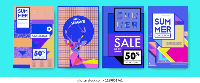 Summer colorful poster design template. Set of summer sale background and illustration. Minimalist design style for summer event poster and banner in eps10. 