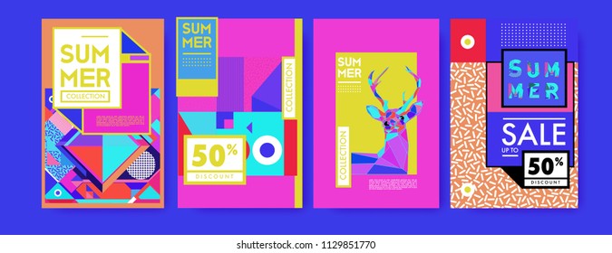 Summer colorful poster design template. Set of summer sale background and illustration. Minimalist design style for summer event poster and banner in eps10. 