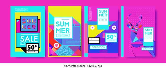 Summer colorful poster design template. Set of summer sale background and illustration. Minimalist design style for summer event poster and banner in eps10. 