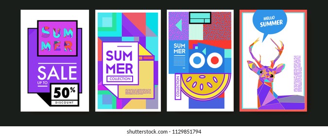 Summer colorful poster design template. Set of summer sale background and illustration. Minimalist design style for summer event poster and banner in eps10. 