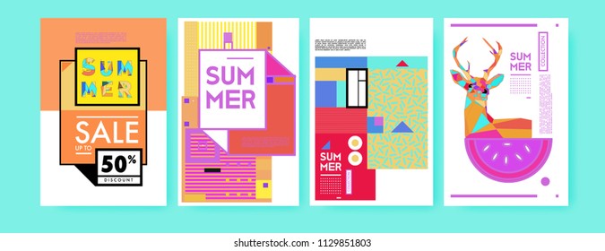 Summer colorful poster design template. Set of summer sale background and illustration. Minimalist design style for summer event poster and banner in eps10. 