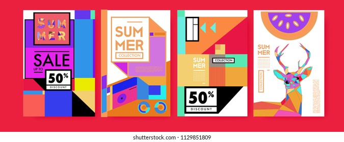 Summer colorful poster design template. Set of summer sale background and illustration. Minimalist design style for summer event poster and banner in eps10. 