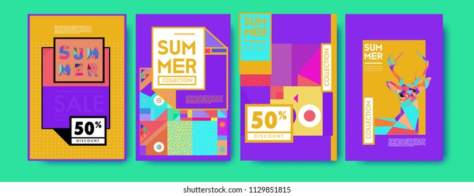 Summer colorful poster design template. Set of summer sale background and illustration. Minimalist design style for summer event poster and banner in eps10. 
