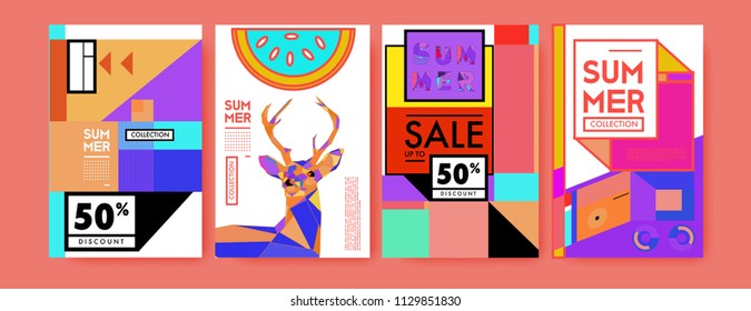 Summer colorful poster design template. Set of summer sale background and illustration. Minimalist design style for summer event poster and banner in eps10. 