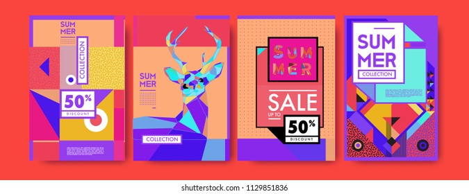Summer colorful poster design template. Set of summer sale background and illustration. Minimalist design style for summer event poster and banner in eps10. 