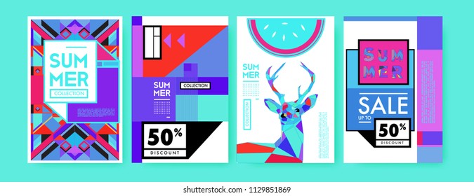 Summer colorful poster design template. Set of summer sale background and illustration. Minimalist design style for summer event poster and banner in eps10. 
