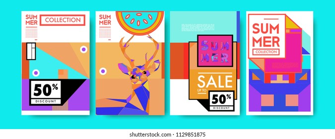 Summer colorful poster design template. Set of summer sale background and illustration. Minimalist design style for summer event poster and banner in eps10. 