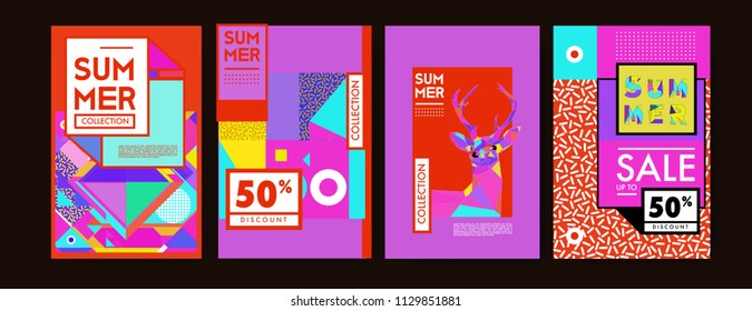 Summer colorful poster design template. Set of summer sale background and illustration. Minimalist design style for summer event poster and banner in eps10. 