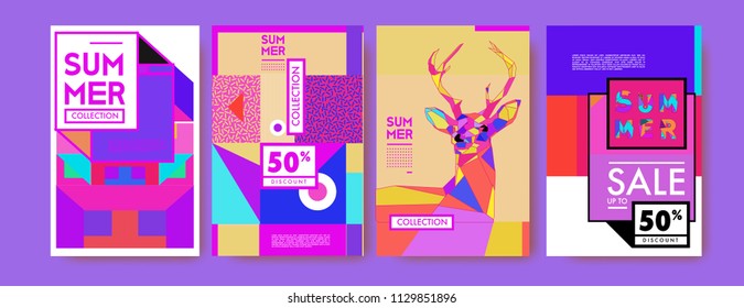 Summer colorful poster design template. Set of summer sale background and illustration. Minimalist design style for summer event poster and banner in eps10. 