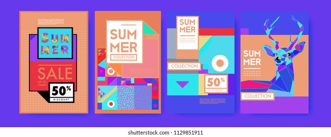 Summer colorful poster design template. Set of summer sale background and illustration. Minimalist design style for summer event poster and banner in eps10. 