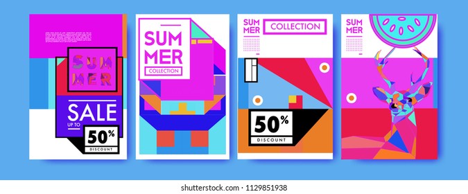 Summer colorful poster design template. Set of summer sale background and illustration. Minimalist design style for summer event poster and banner in eps10. 