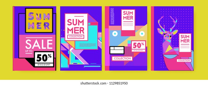 Summer colorful poster design template. Set of summer sale background and illustration. Minimalist design style for summer event poster and banner in eps10. 
