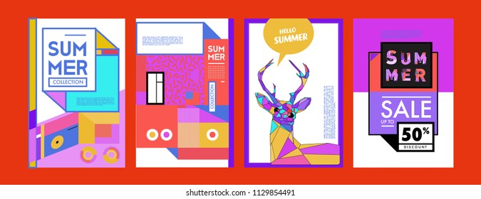 Summer colorful poster design template. Set of summer sale background and illustration. Minimalist design style for summer event poster and banner in eps10. 