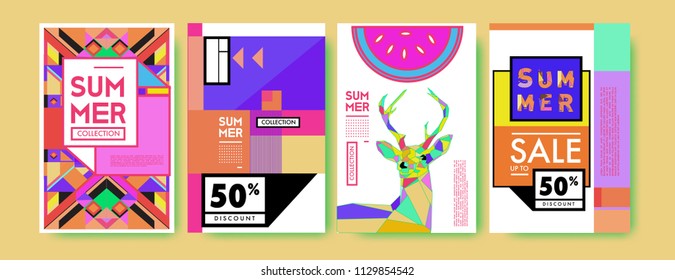Summer colorful poster design template. Set of summer sale background and illustration. Minimalist design style for summer event poster and banner in eps10. 