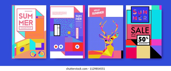 Summer colorful poster design template. Set of summer sale background and illustration. Minimalist design style for summer event poster and banner in eps10. 