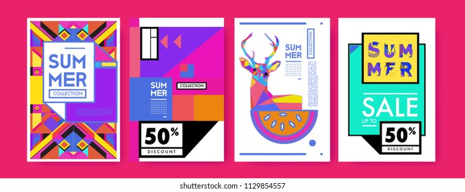 Summer colorful poster design template. Set of summer sale background and illustration. Minimalist design style for summer event poster and banner in eps10. 