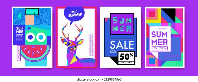 Summer colorful poster design template. Set of summer sale background and illustration. Minimalist design style for summer event poster and banner in eps10. 