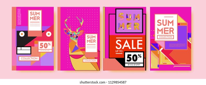 Summer colorful poster design template. Set of summer sale background and illustration. Minimalist design style for summer event poster and banner in eps10. 