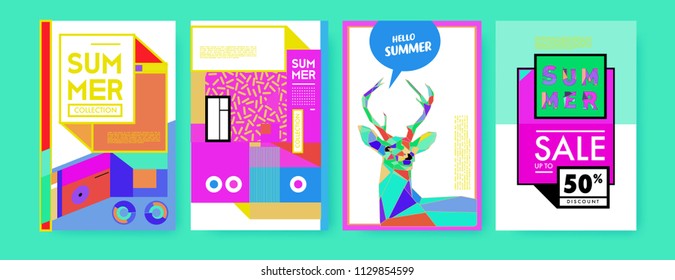 Summer colorful poster design template. Set of summer sale background and illustration. Minimalist design style for summer event poster and banner in eps10. 