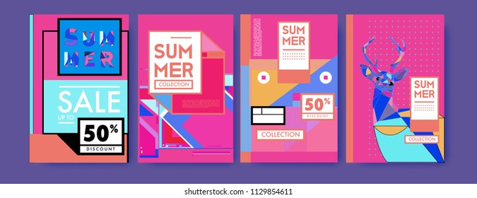 Summer colorful poster design template. Set of summer sale background and illustration. Minimalist design style for summer event poster and banner in eps10. 