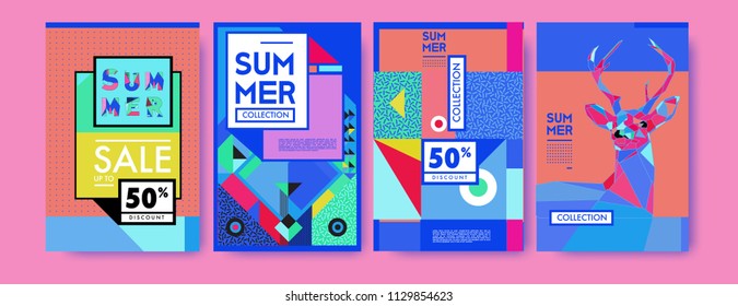 Summer colorful poster design template. Set of summer sale background and illustration. Minimalist design style for summer event poster and banner in eps10. 
