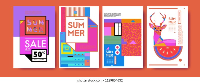 Summer colorful poster design template. Set of summer sale background and illustration. Minimalist design style for summer event poster and banner in eps10. 
