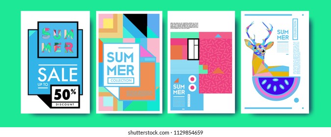 Summer colorful poster design template. Set of summer sale background and illustration. Minimalist design style for summer event poster and banner in eps10. 