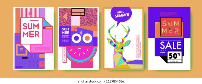 Summer colorful poster design template. Set of summer sale background and illustration. Minimalist design style for summer event poster and banner in eps10. 