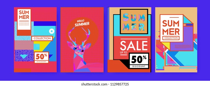 Summer colorful poster design template. Set of summer sale background and illustration. Minimalist design style for summer event poster and banner in eps10. 