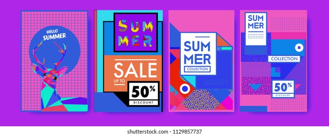 Summer colorful poster design template. Set of summer sale background and illustration. Minimalist design style for summer event poster and banner in eps10. 
