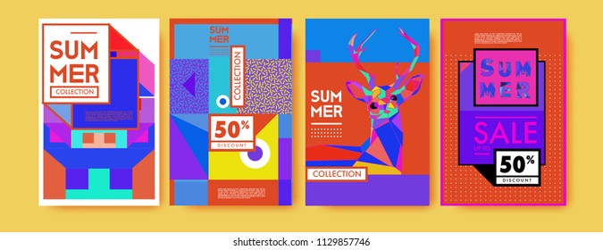 Summer colorful poster design template. Set of summer sale background and illustration. Minimalist design style for summer event poster and banner in eps10. 