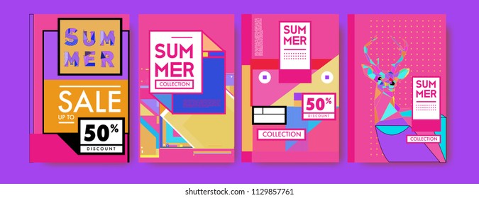 Summer colorful poster design template. Set of summer sale background and illustration. Minimalist design style for summer event poster and banner in eps10. 