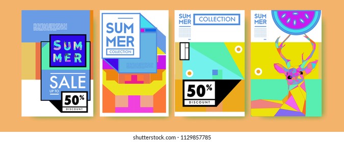 Summer colorful poster design template. Set of summer sale background and illustration. Minimalist design style for summer event poster and banner in eps10. 