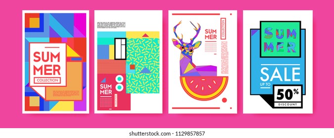 Summer colorful poster design template. Set of summer sale background and illustration. Minimalist design style for summer event poster and banner in eps10. 