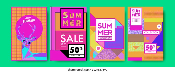 Summer colorful poster design template. Set of summer sale background and illustration. Minimalist design style for summer event poster and banner in eps10. 