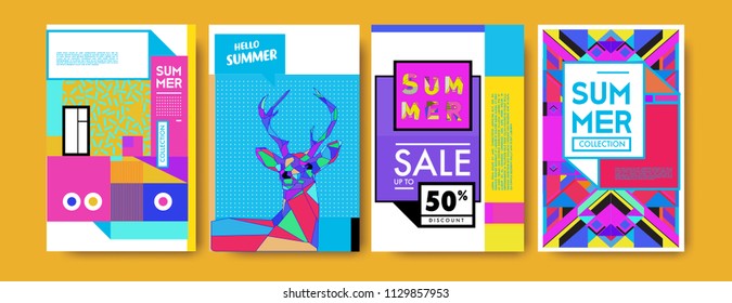 Summer colorful poster design template. Set of summer sale background and illustration. Minimalist design style for summer event poster and banner in eps10. 
