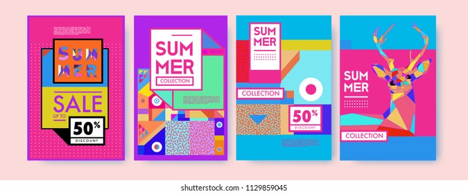 Summer colorful poster design template. Set of summer sale background and illustration. Minimalist design style for summer event poster and banner in eps10. 