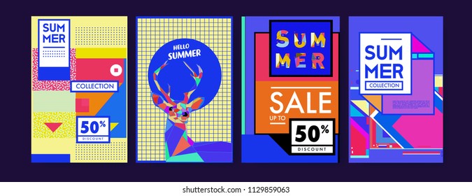 Summer colorful poster design template. Set of summer sale background and illustration. Minimalist design style for summer event poster and banner in eps10. 