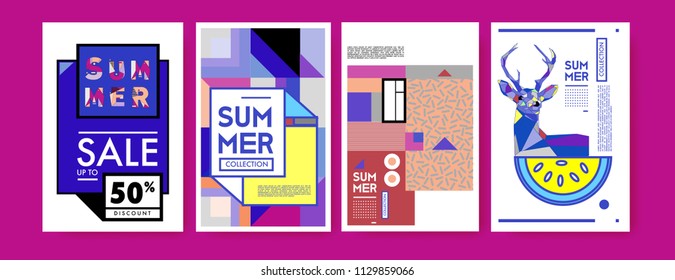 Summer colorful poster design template. Set of summer sale background and illustration. Minimalist design style for summer event poster and banner in eps10. 
