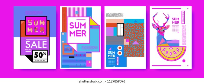 Summer colorful poster design template. Set of summer sale background and illustration. Minimalist design style for summer event poster and banner in eps10. 