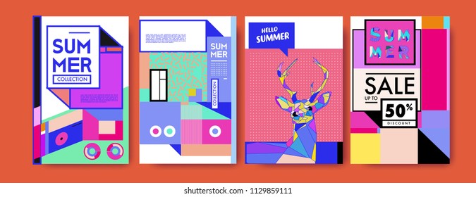 Summer colorful poster design template. Set of summer sale background and illustration. Minimalist design style for summer event poster and banner in eps10. 