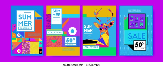 Summer colorful poster design template. Set of summer sale background and illustration. Minimalist design style for summer event poster and banner in eps10. 
