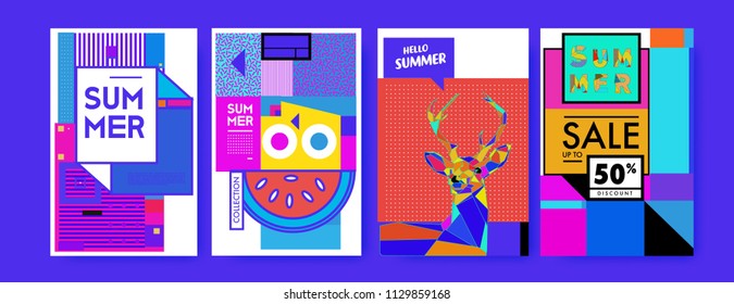 Summer colorful poster design template. Set of summer sale background and illustration. Minimalist design style for summer event poster and banner in eps10. 
